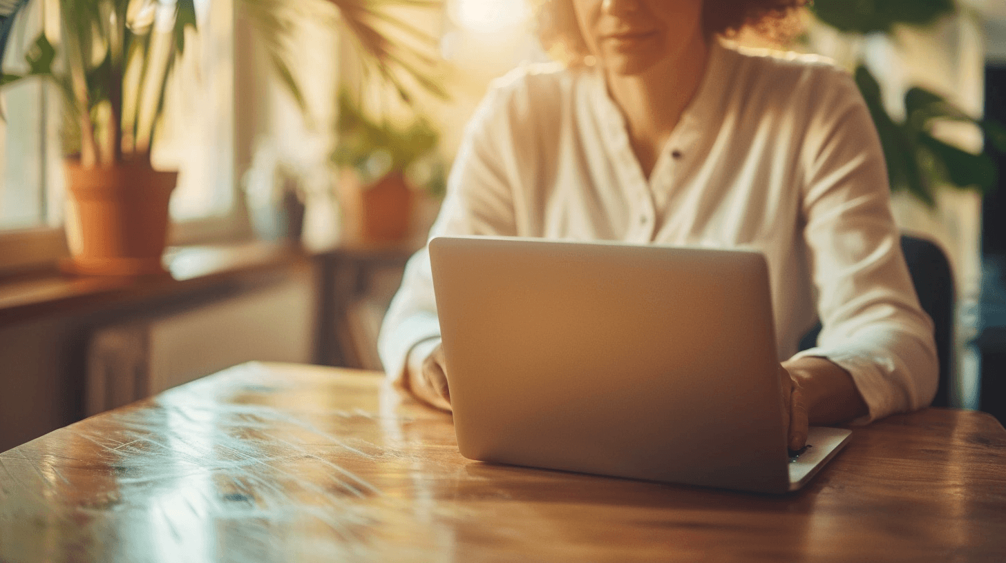 Professional on a video interview with proper camera positioning and body language